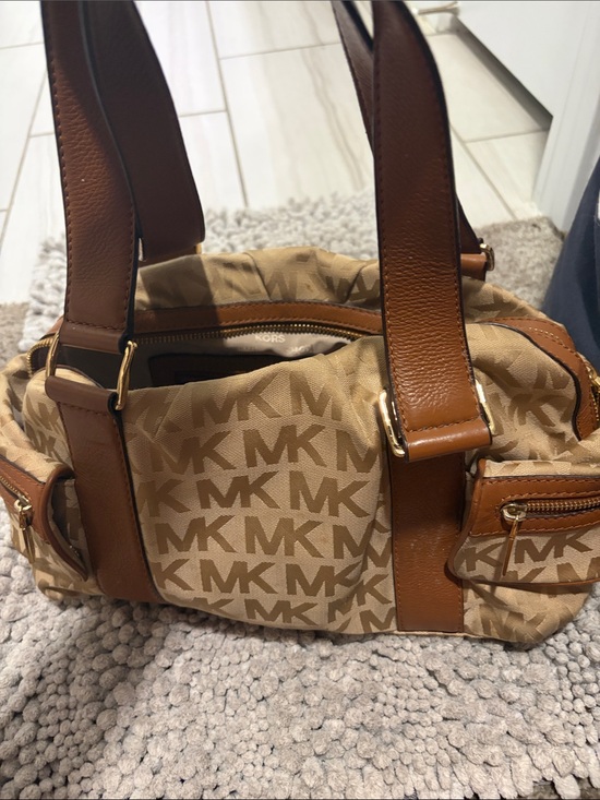 Michael Kors Handbags - Michael Kors Beige MK Logo Satchel with Brown Leather Trim